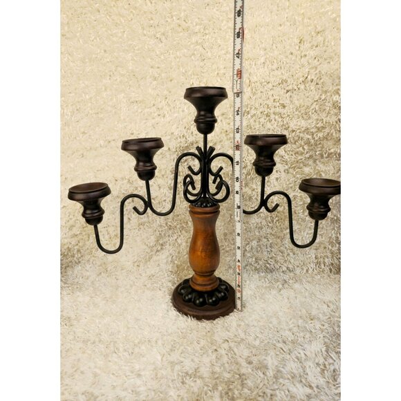 Vintage Wooden & Metal 5-Arm Candelabra Candle Holder With Intricate Design - Picture 3 of 12